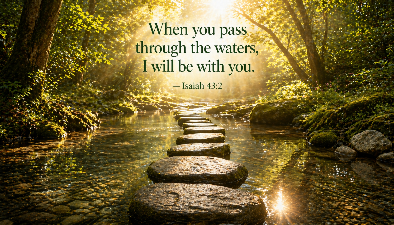 Row of stepping stones crossing calm clear forest stream morning sunlight dappled water moss covered banks -- Isaiah 43:2 wallpaper